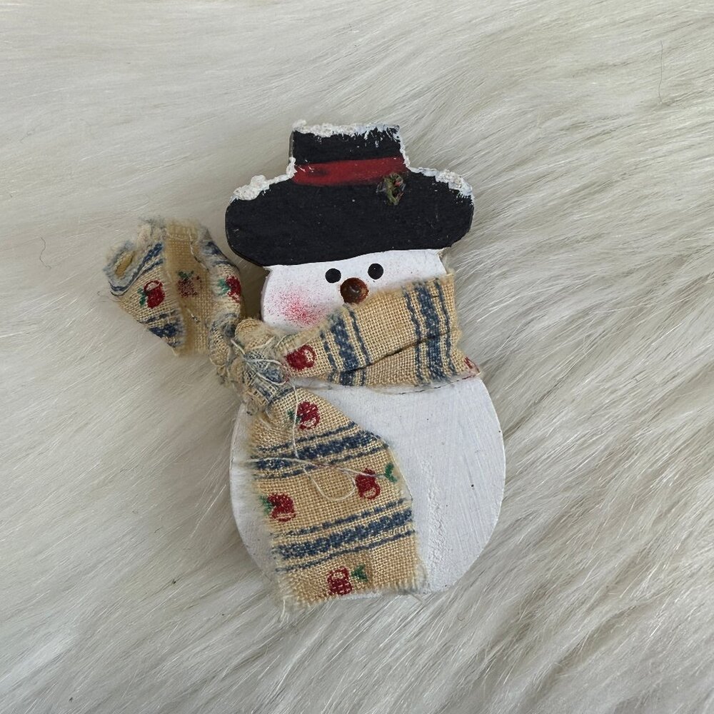 Primitive Wooden Painted Snowman Brooch 2.25"